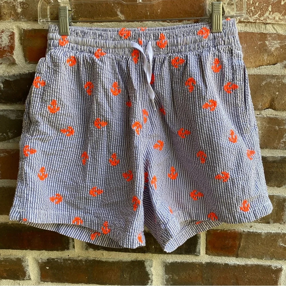 Chubbies Blue Seersucker 5.5” Inseam Swim Trunks with Orange Anchors, Size Small